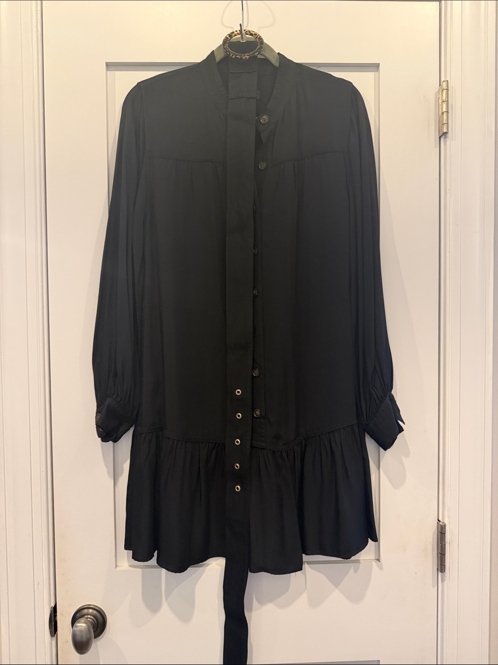 Black Button-Front, long sleeve Dress with Tortoise Belt- Ruffle Bottom